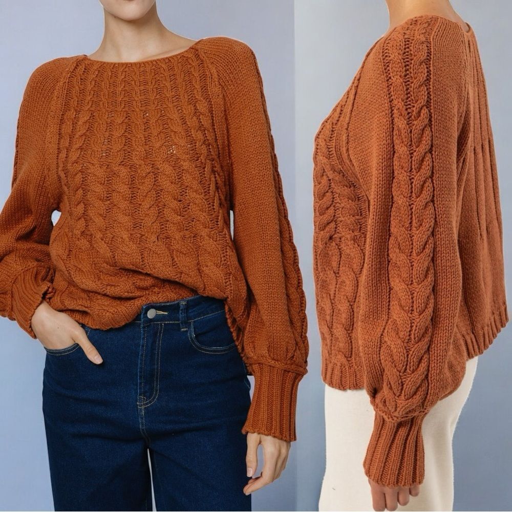 Rust Cable-Knit Round Neck Raglan Sleeve Sweater Large NEW - HYFVE - Picture 6 of 14